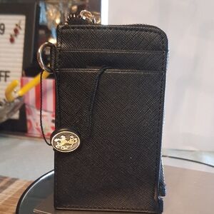 Saffiano-Style Black Card Wallet with Gold Emblem Wristlet
